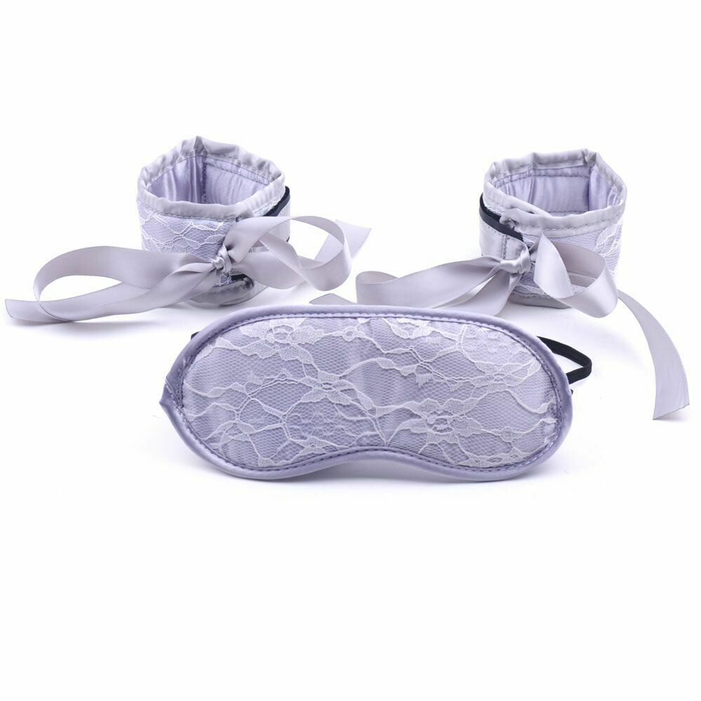 2Pcs Boutique Lace Wrist Cuffs & Blindfold - Silver - Image 2